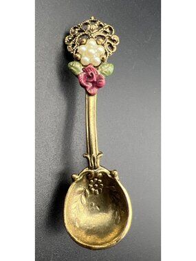 Vintage Spoon Brooch Pin Gold Tone Seed Pearls Floral 2" Long